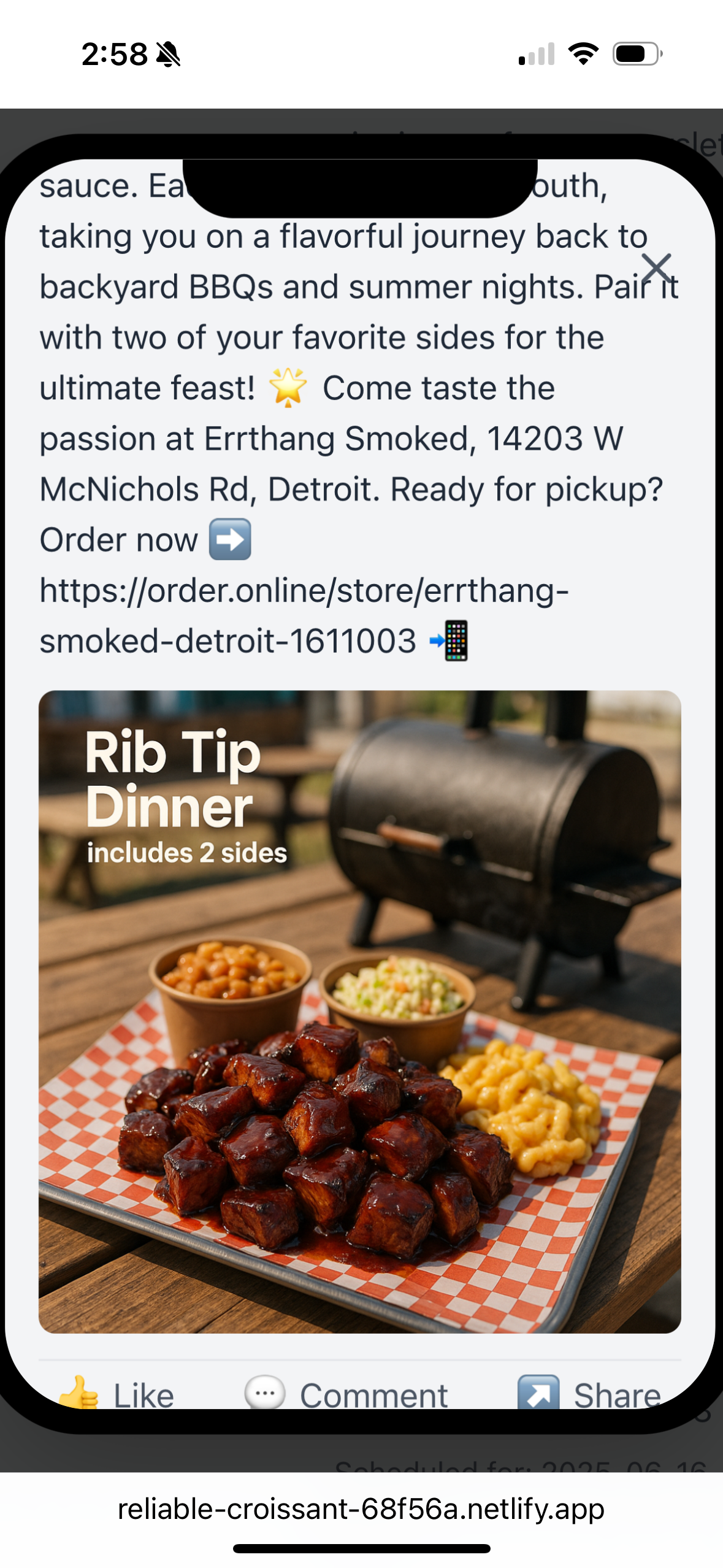 Social media post for restaurant